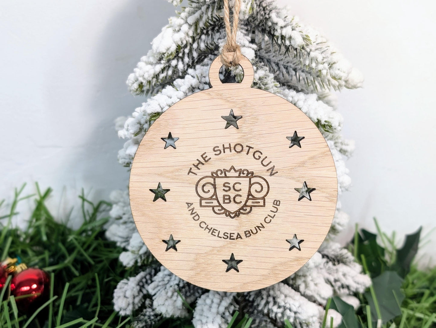 Personalised Christmas Bauble Decoration with Logo | Oak Veneer Custom Corporate Ornaments | Bulk Packs for Business Gifts | Wood Decor