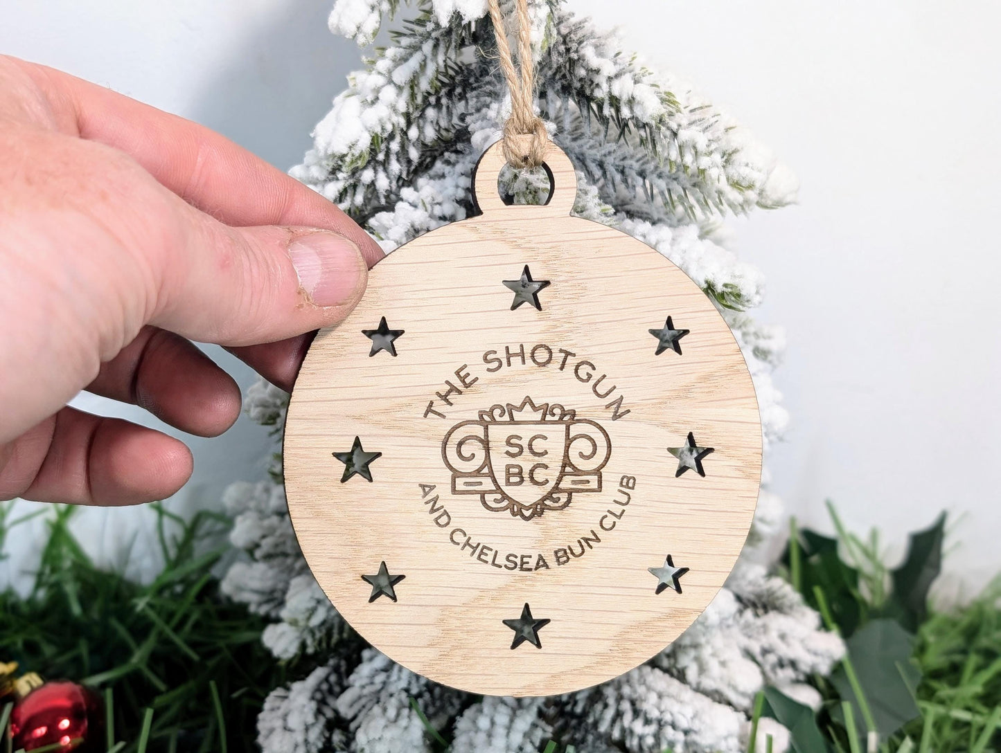 Personalised Christmas Bauble Decoration with Logo | Oak Veneer Custom Corporate Ornaments | Bulk Packs for Business Gifts | Wood Decor