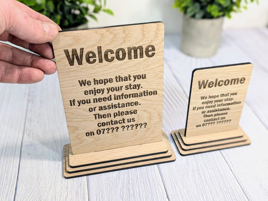 Personalised Wooden Welcome Sign – Perfect for Your Home, Rental Properties, Holiday Homes, B&Bs | Wood Table Signage | Two Sizes