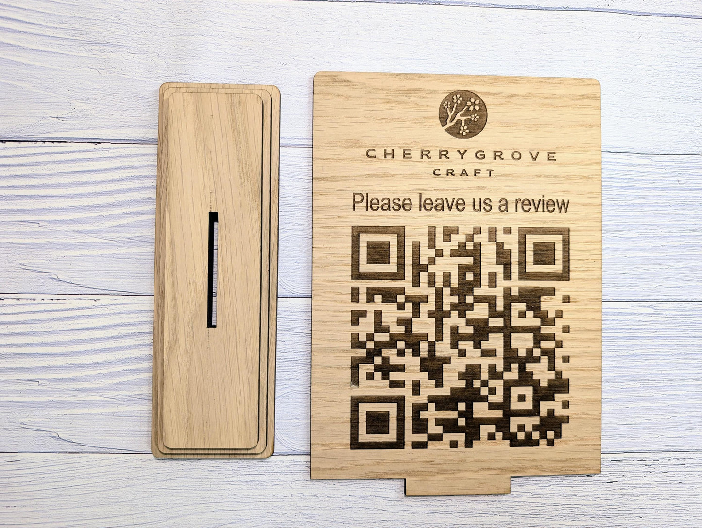 QR Code 'Leave us a review' Custom Wooden Table Sign, Personalised Logo & Link, Eco-Friendly, XL Size | Google, Trustpilot, Tripadvisor etc