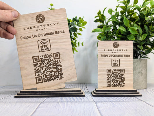 QR Code AND NFC 'Follow Us on Social Media', Tap or Scan Link, Custom Wooden Table Sign, Personalised Logo & Social Media Link, 2 Sizes