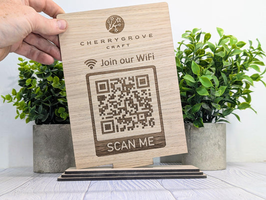 Wooden WiFi QR Code Extra Large Sign with Logo, Eco-Friendly Custom Network Name and Password Branded Table XL Display, Single Double-Sided