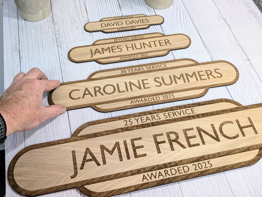 Personalised Long Service Award - Railway Station Themed Sign - British Rail - Oak MDF - Custom Text, 4 Sizes - Eco-Friendly, Train Style