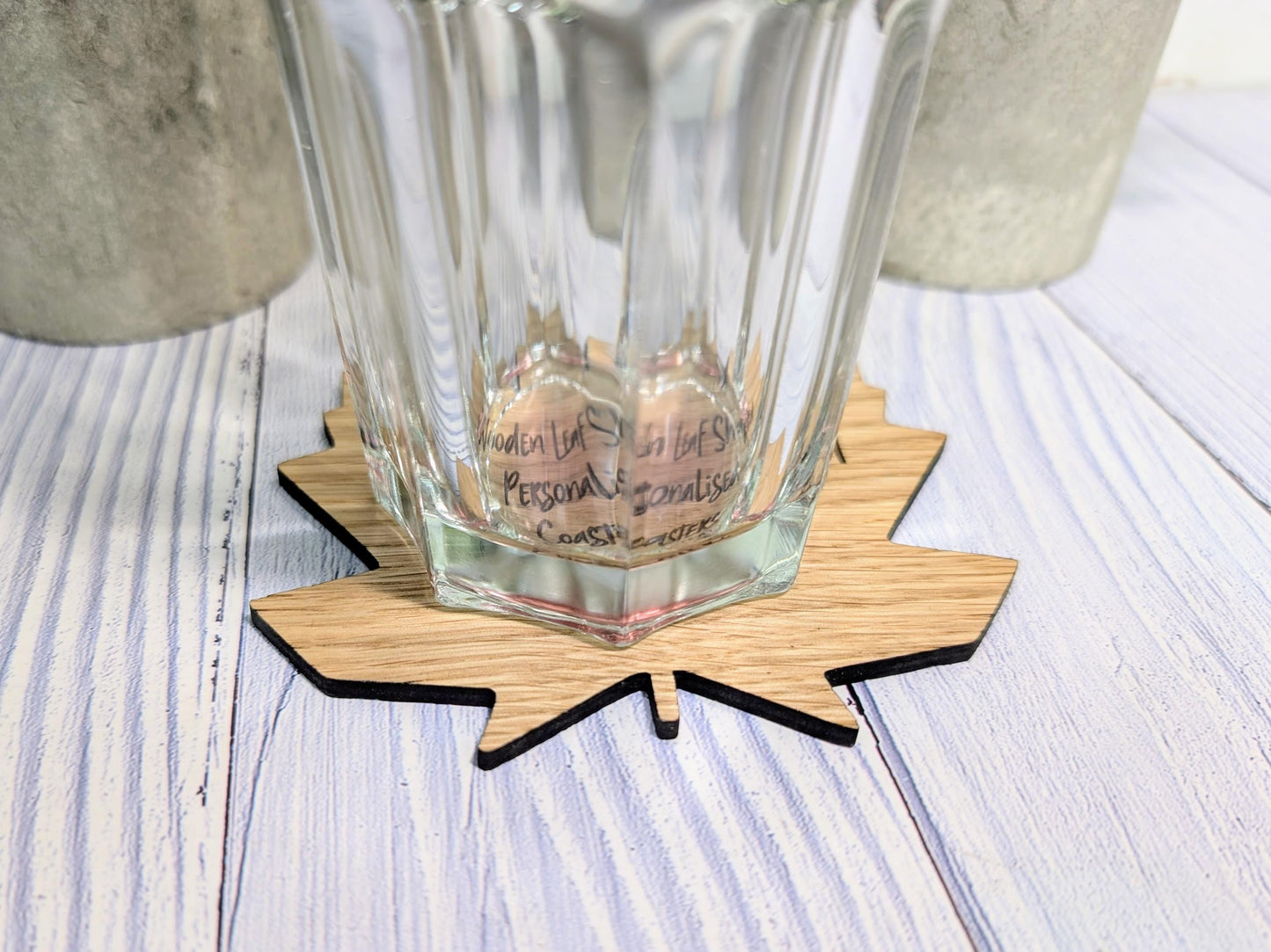 Leaf Shaped Wooden Coasters - Personalised Text – Eco-Friendly Gift, Custom Message – Bespoke Sustainable Craft, 115mm Diameter, Oak Wood