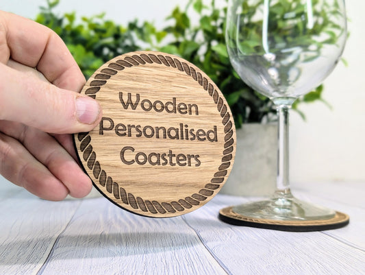 Custom Wood Coasters with Rope Border – Personalised Text, Nautical Gift, Eco-Friendly Boat Gift, Sustainable Craft, Round 100mm Diameter