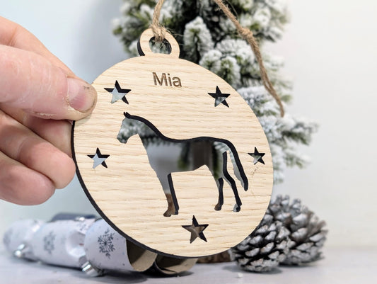 Personalised Horse Bauble - Custom Wooden Gift for Pony Lovers | Equine Christmas Bauble | Oak Veneered Xmas Decoration
