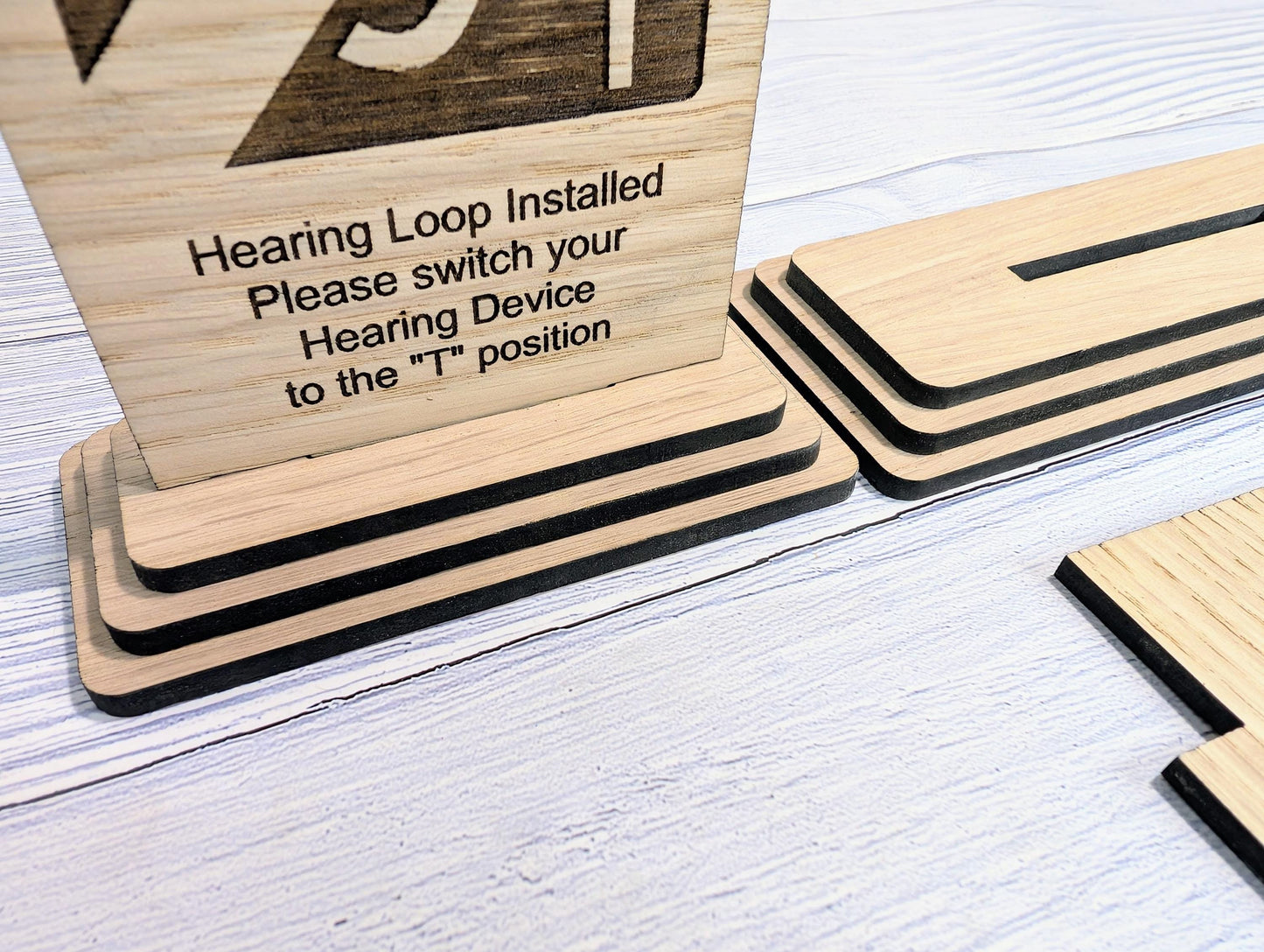 Personalised Wooden Hearing Loop Sign – Freestanding Table Sign for Accessibility, Office, & Public Spaces- Two Sizes - Removable Base