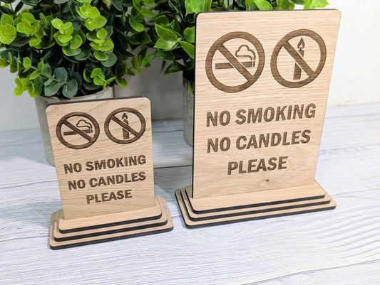 Wooden No Smoking No Candles Sign – Freestanding Table Sign for Airbnb and Rentals, B&Bs | Wood Table Signage | Two Sizes