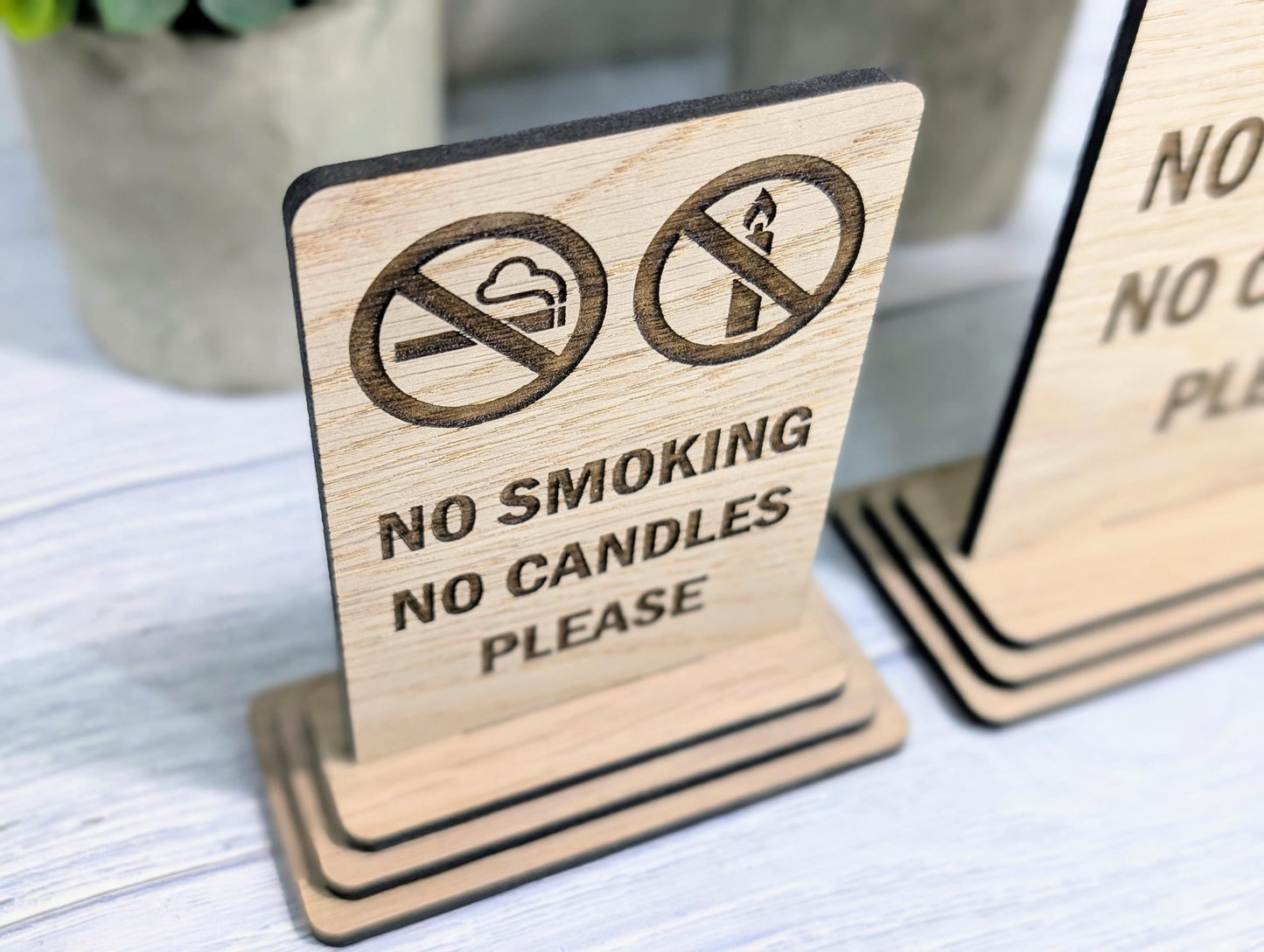 Wooden No Smoking No Candles Sign – Freestanding Table Sign for Airbnb and Rentals, B&Bs | Wood Table Signage | Two Sizes