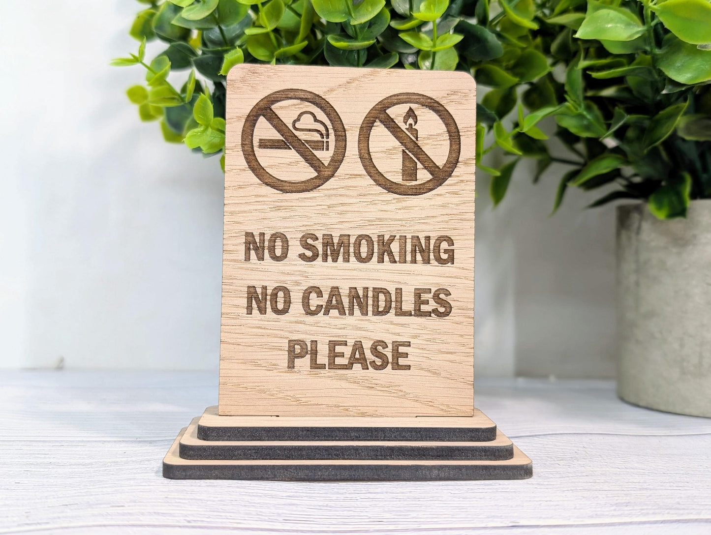 Wooden No Smoking No Candles Sign – Freestanding Table Sign for Airbnb and Rentals, B&Bs | Wood Table Signage | Two Sizes