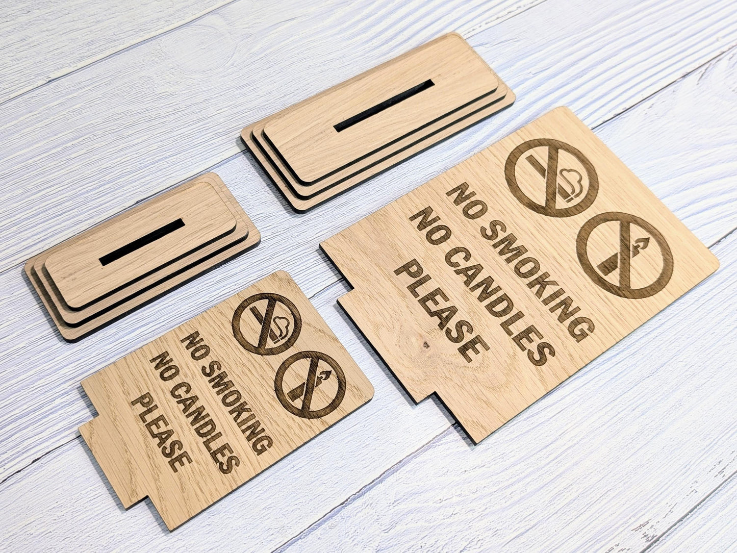Wooden No Smoking No Candles Sign – Freestanding Table Sign for Airbnb and Rentals, B&Bs | Wood Table Signage | Two Sizes