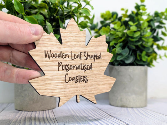 Leaf Shaped Wooden Coasters - Personalised Text – Eco-Friendly Gift, Custom Message – Bespoke Sustainable Craft, 115mm Diameter, Oak Wood