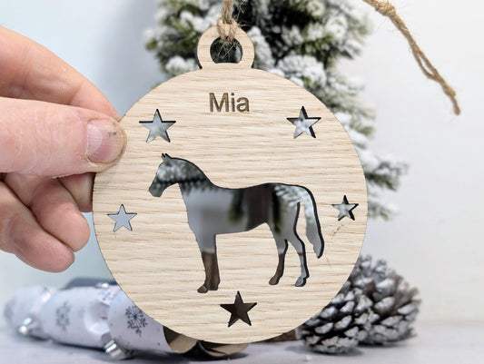 Personalised Horse Bauble - Custom Wooden Gift for Pony Lovers | Equine Christmas Bauble | Oak Veneered Xmas Decoration