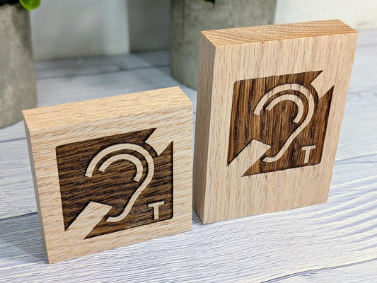 Hearing Loop Sign - Freestanding Engraved Oak Block - Accessible Signage for Businesses and Public Spaces - 2 Sizes - Hearing Aid Symbol