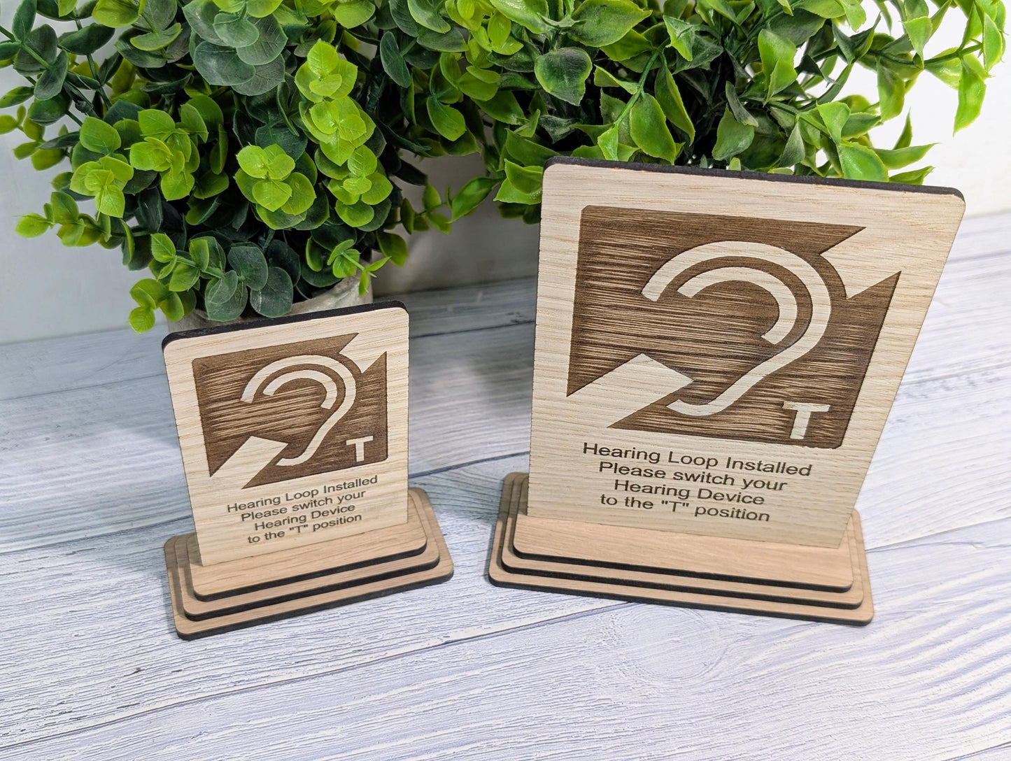 Personalised Wooden Hearing Loop Sign – Freestanding Table Sign for Accessibility, Office, & Public Spaces- Two Sizes - Removable Base