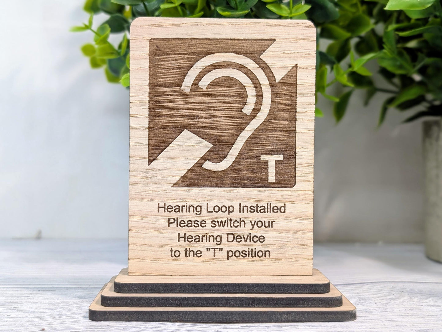Personalised Wooden Hearing Loop Sign – Freestanding Table Sign for Accessibility, Office, & Public Spaces- Two Sizes - Removable Base