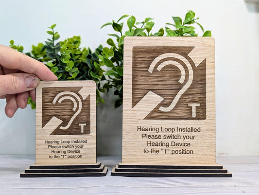 Personalised Wooden Hearing Loop Sign – Freestanding Table Sign for Accessibility, Office, & Public Spaces- Two Sizes - Removable Base