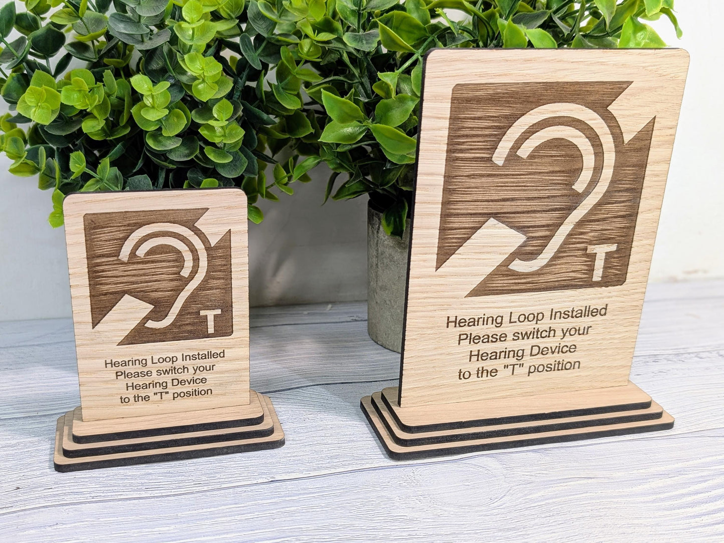 Personalised Wooden Hearing Loop Sign – Freestanding Table Sign for Accessibility, Office, & Public Spaces- Two Sizes - Removable Base