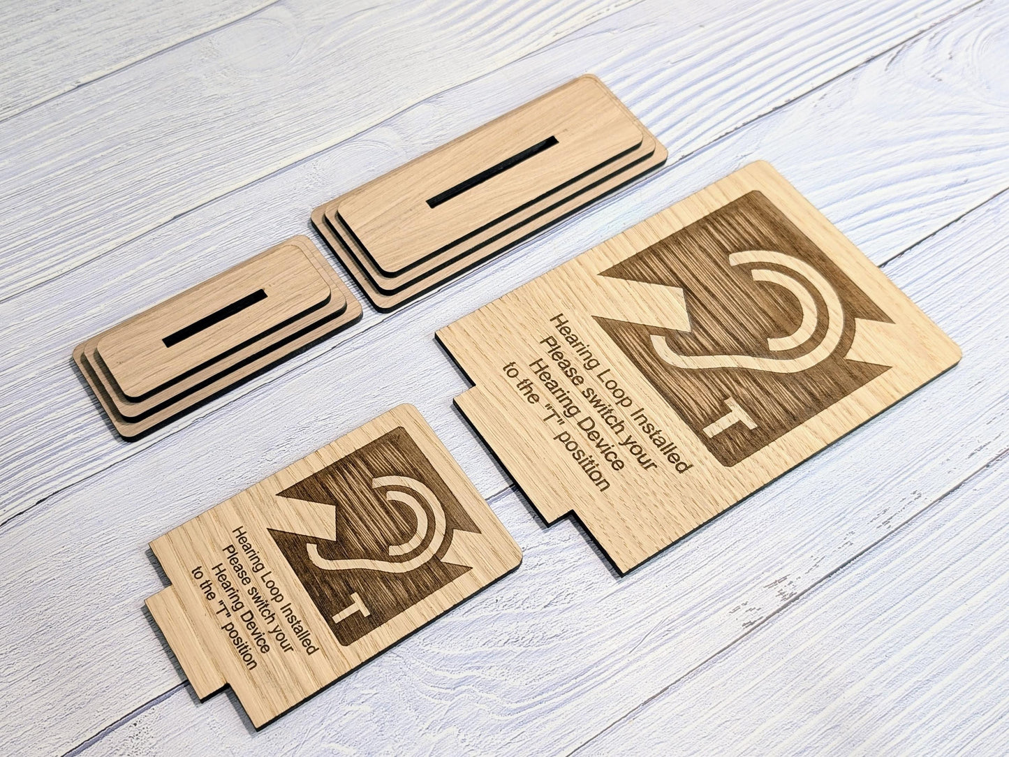 Personalised Wooden Hearing Loop Sign – Freestanding Table Sign for Accessibility, Office, & Public Spaces- Two Sizes - Removable Base