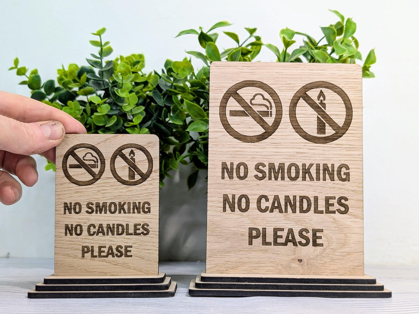 Wooden No Smoking No Candles Sign – Freestanding Table Sign for Airbnb and Rentals, B&Bs | Wood Table Signage | Two Sizes