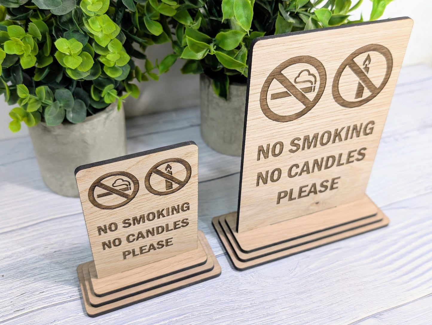 Wooden No Smoking No Candles Sign – Freestanding Table Sign for Airbnb and Rentals, B&Bs | Wood Table Signage | Two Sizes