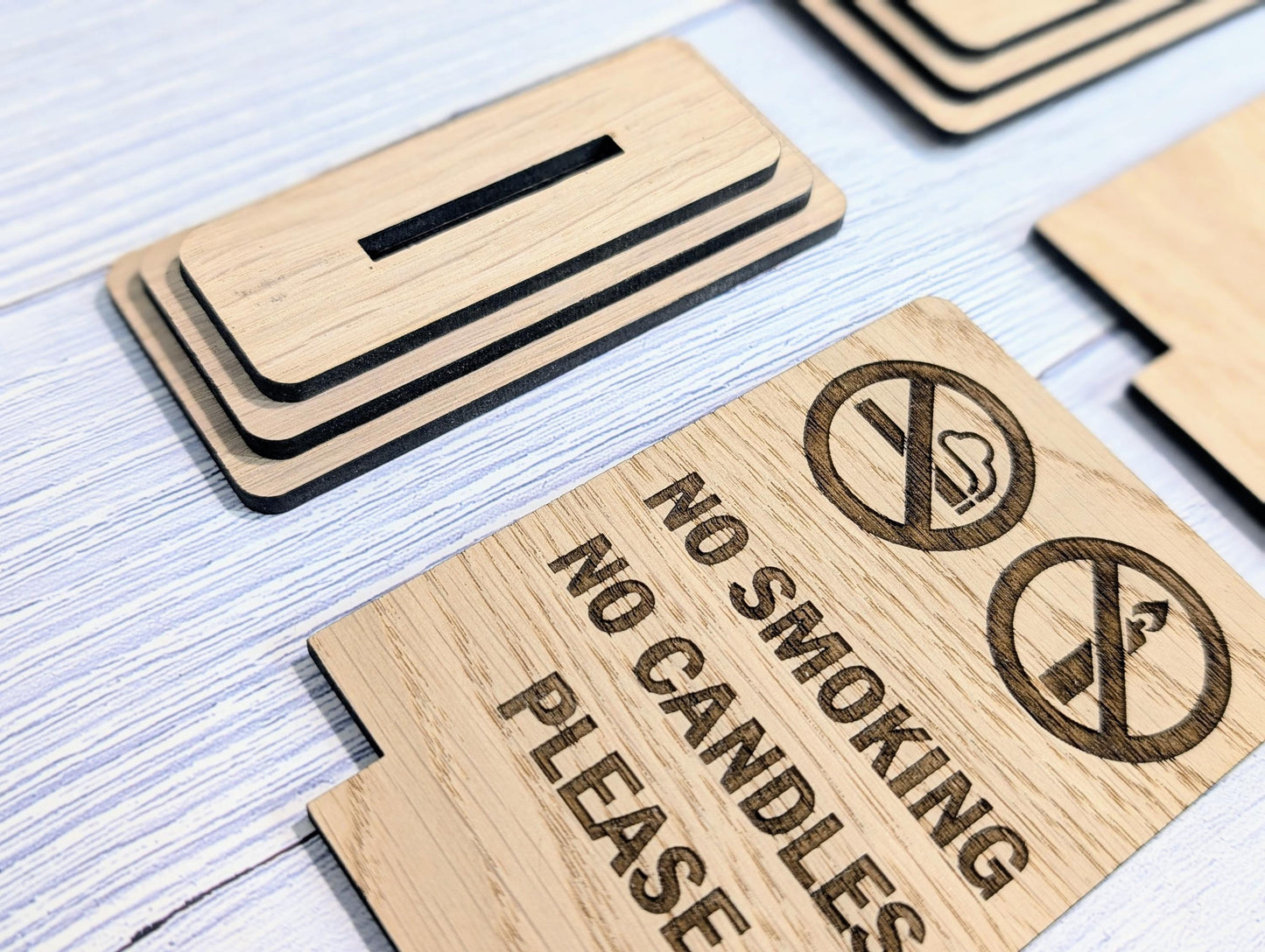 Wooden No Smoking No Candles Sign – Freestanding Table Sign for Airbnb and Rentals, B&Bs | Wood Table Signage | Two Sizes