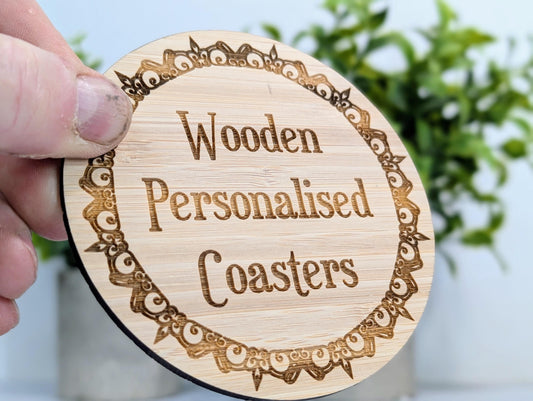 Bamboo Custom Coasters – Eco-Friendly Gift, Personalised Text, Engraved Border – Bespoke Sustainable Craft, 100mm Diameter, Coffee & Tea