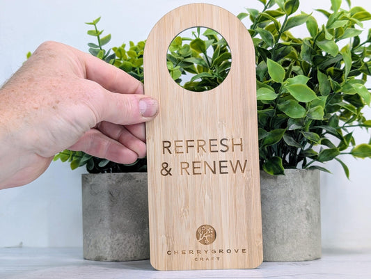 Bamboo Hotel Door Signs - "Refresh & Renew" and "Do Not Disturb" Door Signs, Hotel Door Hangers, Bedroom Signs, Add Your Logo