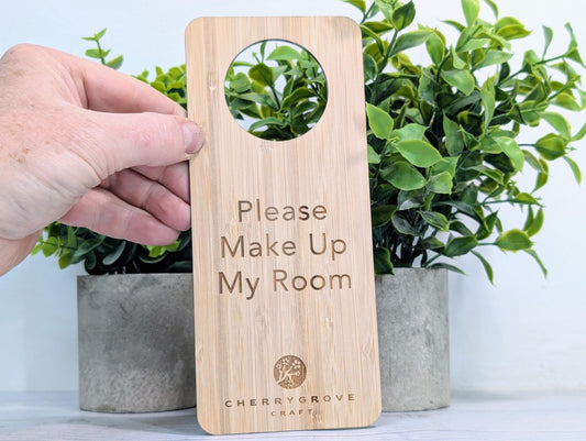 Personalised Bamboo Door Hanger – "Shhh..." and "Please Make Up My Room", Custom Logo Option, Eco-Friendly Hotel & BnB Bedroom Sign