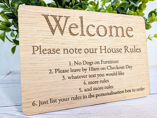 Personalised Wooden House Rules Sign – Custom Sustainable Oak Freestanding Airbnb & Guest House Welcome Notice - Optional Stand