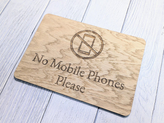 No Mobile Phones Sign – Wooden Oak Veneer Plaque – Freestanding No Phones Sign for Shops & Cafés – Optional Counter Stand