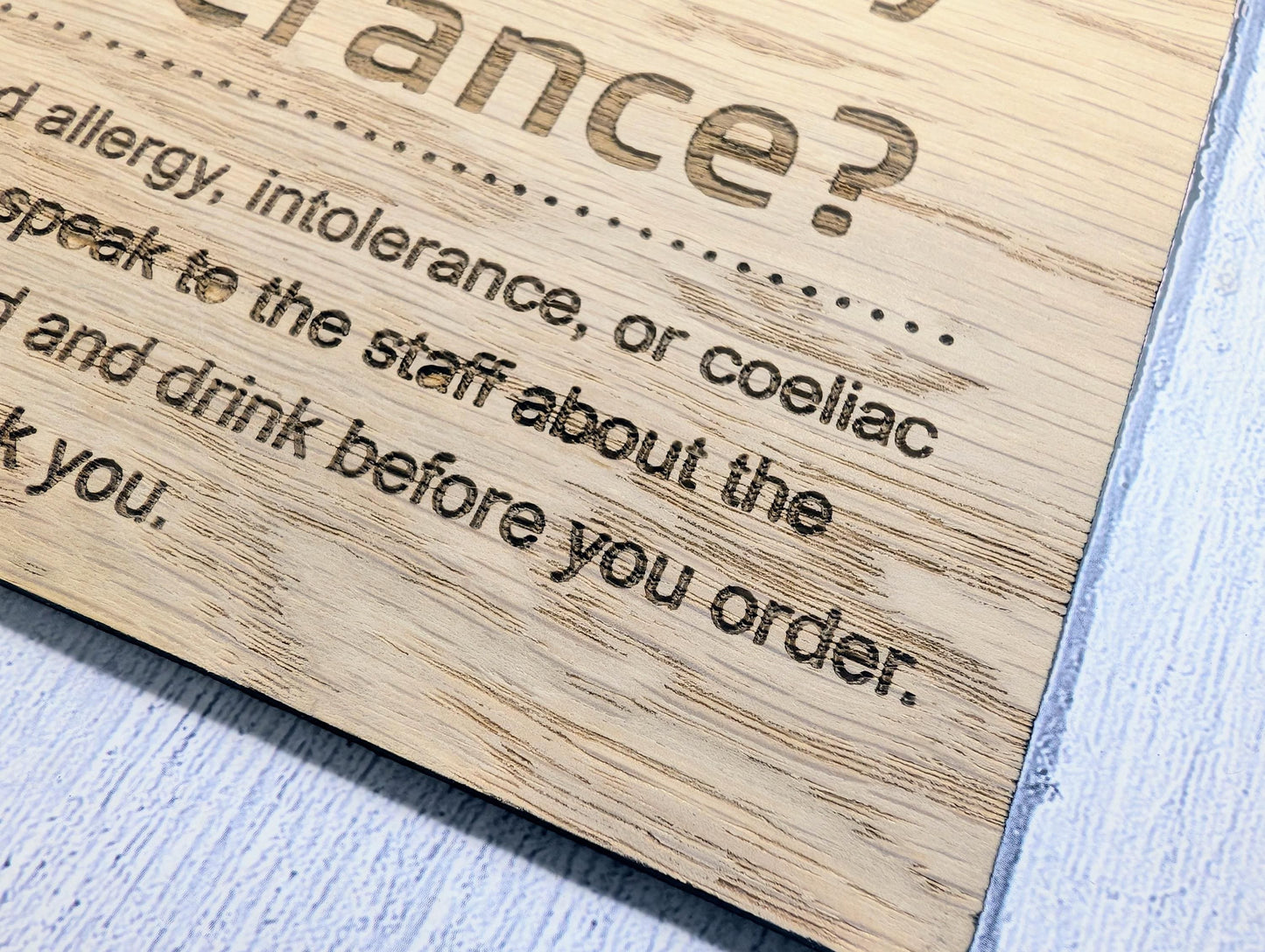 Food Allergy Notice Wooden Sign – Oak Veneer Allergy Info Sign – Coeliac & Allergy Warning – Wood Cafe, Restaurant, Pub Safety Signage