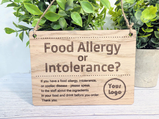 Custom Food Allergy Sign – Solid Oak Safety Notice for Menus or Counters – Wooden Café Sign – Handmade in Wales – 4 Sizes Available