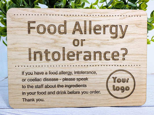 Custom Wooden Food Allergy Sign with Logo – Freestanding Personalised Oak Café & Restaurant Notice for Allergy, Intolerance and Coeliac Info