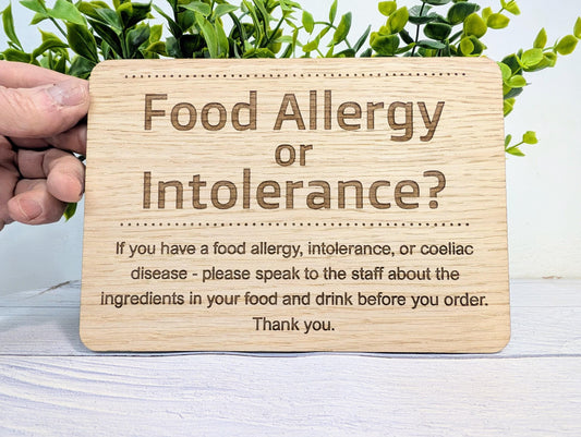 Personalised Wooden Food Allergy Sign – Freestanding Oak Café & Restaurant Notice for Allergy, Intolerance and Coeliac Info, Optional Stand