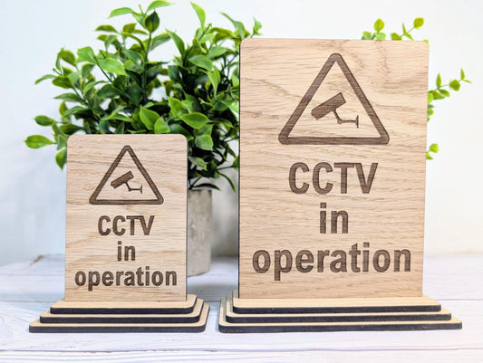 Freestanding Wooden CCTV in Operation Sign – Engraved Security Notice for Businesses, Shops & Public Spaces - Oak Business Signage