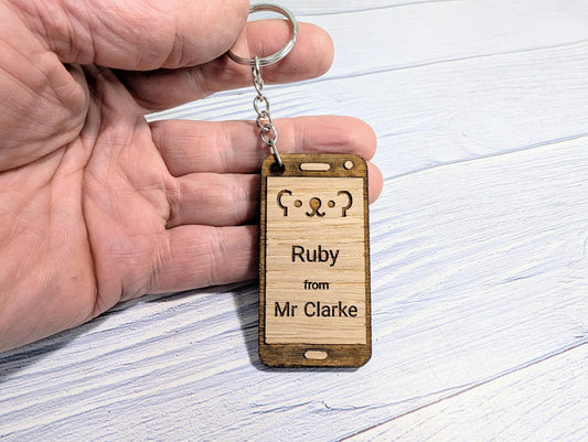Personalised Student Keyring – Teacher Gift for Class, Cute Teddy Bear Design, Mobile Phone Shape, End of Term Keepsake
