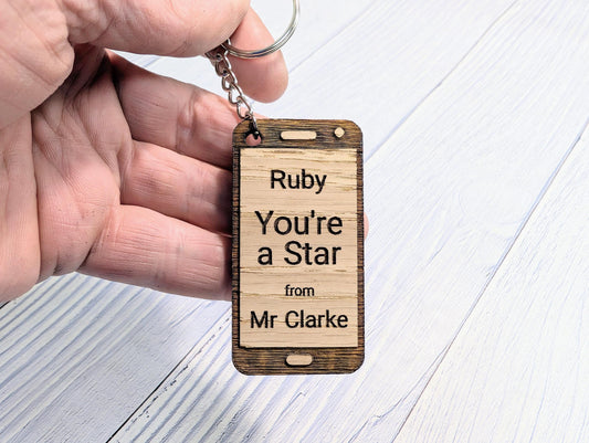 Personalised Student Keyring – "You're a Star" Teacher Gift, Mobile Phone Shape, End of Term Keepsake, Custom Class Gift