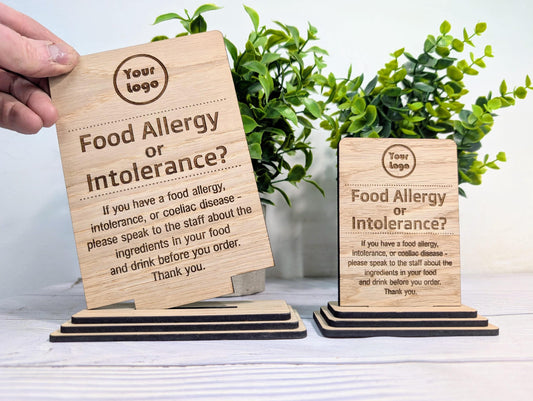 Personalised Wooden Food Allergy Sign – Custom Engraved Kitchen Notice with Logo for Cafés, Pubs & Restaurants, Intolerance and Coeliac Info