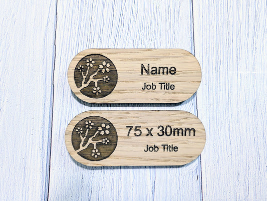 Personalised Wooden Name Badge 75x30mm – Lozenge Shape Oak Veneer with Magnet or Pin – Eco-Friendly Custom Work ID Tag