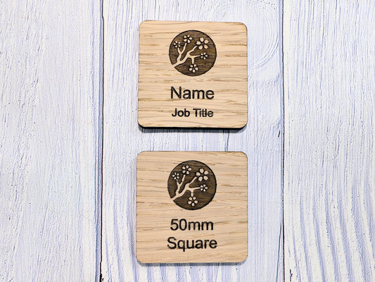 Personalised Wooden Name Badge 50mm x 50mm – Square Shape Oak Veneer with Pin/Clip, Magnet or Pin Only – Eco-Friendly Custom Work ID Tag