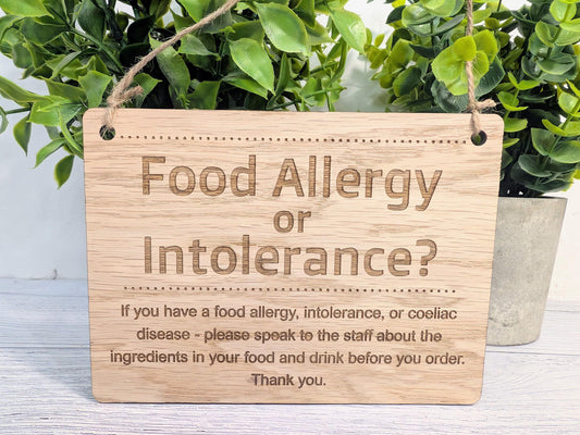 Food Allergy Notice Wooden Sign – Oak Veneer Allergy Info Sign – Coeliac & Allergy Warning – Wood Cafe, Restaurant, Pub Safety Signage