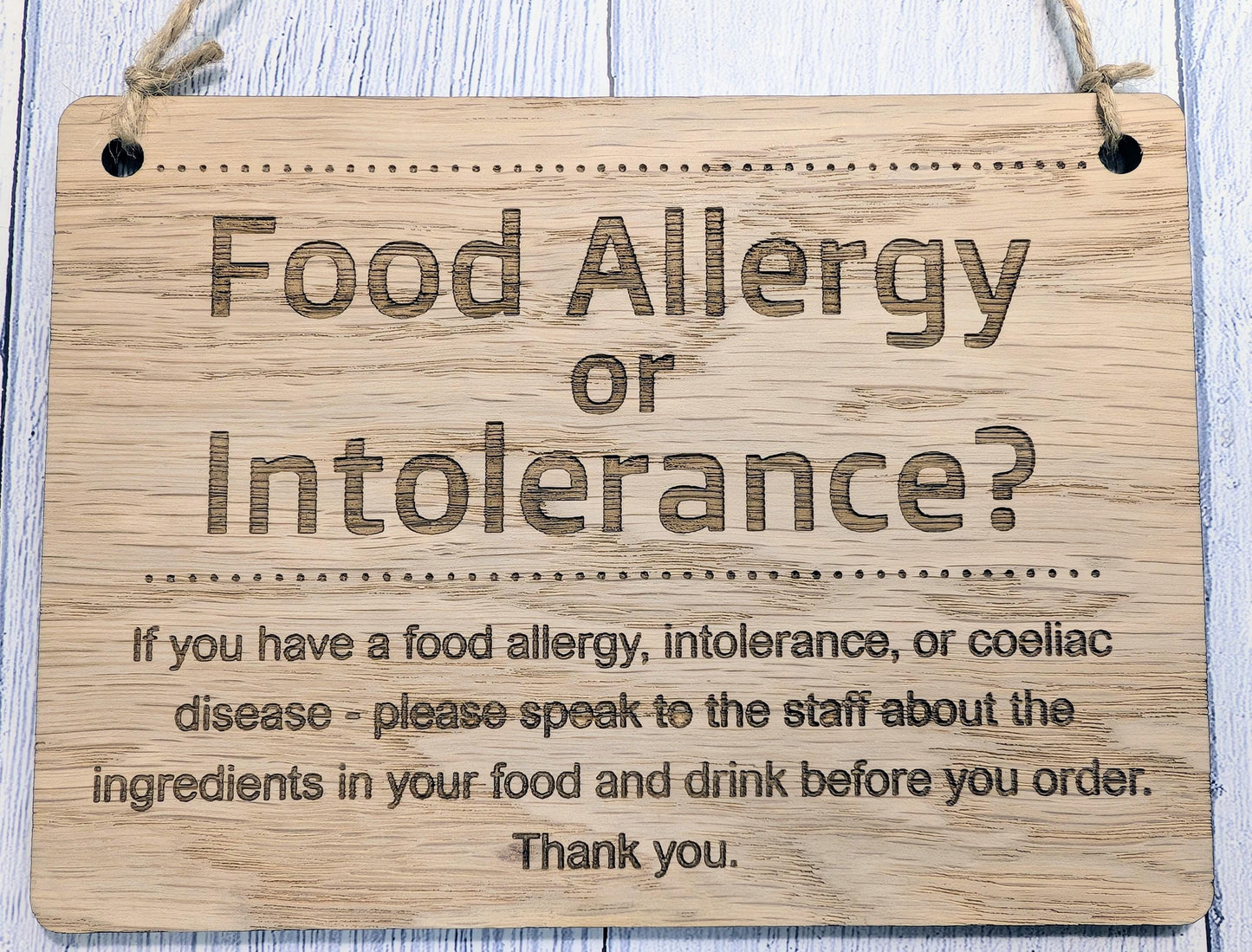 Food Allergy Notice Wooden Sign – Oak Veneer Allergy Info Sign – Coeliac & Allergy Warning – Wood Cafe, Restaurant, Pub Safety Signage