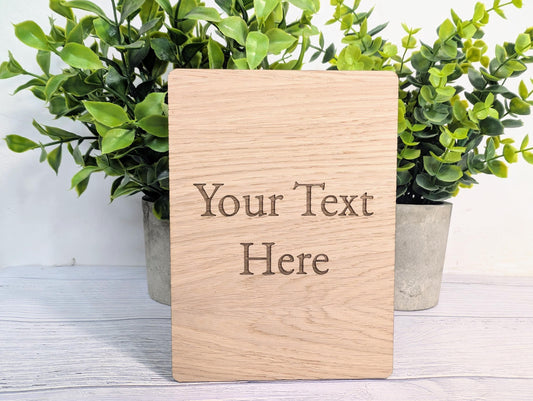 Personalised Oak Sign – Custom Text Portrait Plaque – Wooden Business or Home Sign – Freestanding or Stick-On Display