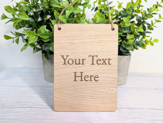 Personalised Oak Sign – Custom Text Portrait Plaque – Wooden Business or Home Sign – Natural Jute String, Hanging Door Sign, Wall Signage