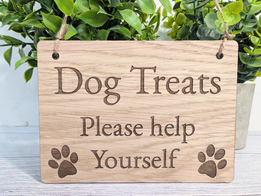 Dog Treats Please Help Yourself Sign – Solid Oak Plaque with Paw Prints – Rustic Wooden Dog Treat Station Sign – Handmade in Wales