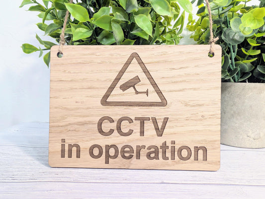 CCTV in Operation Sign – Oak Veneer Wooden Security Sign for Home or Business – Engraved Door Sign – 4 Sizes – Made in Wales