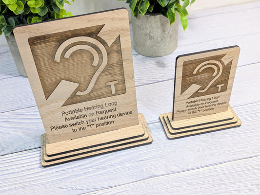 Personalised Wooden Portable Hearing Loop Sign – Freestanding Table Sign for Accessibility, Office, & Public Spaces- Two Sizes