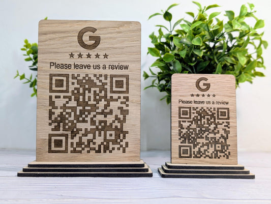 Custom Wooden Google Review Sign with QR Code | Business Review Plaque with Logo | Eco Friendly Point of Sale Display | 2 Sizes