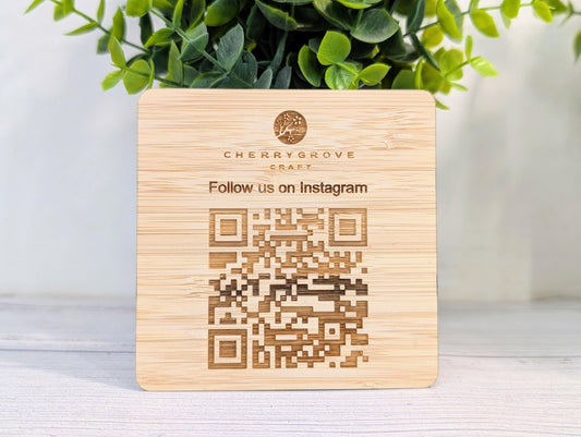 Personalised Bamboo QR Code Coaster | Instagram Follow Us Display with Logo | Eco Friendly Business Promo | Custom Social Media